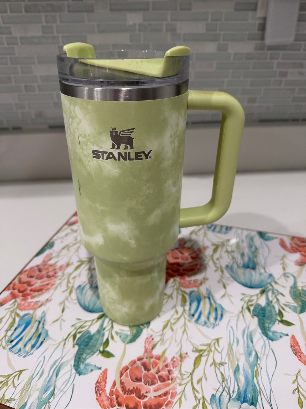 Stanley Light Green Marble Travel Mug with Handle
